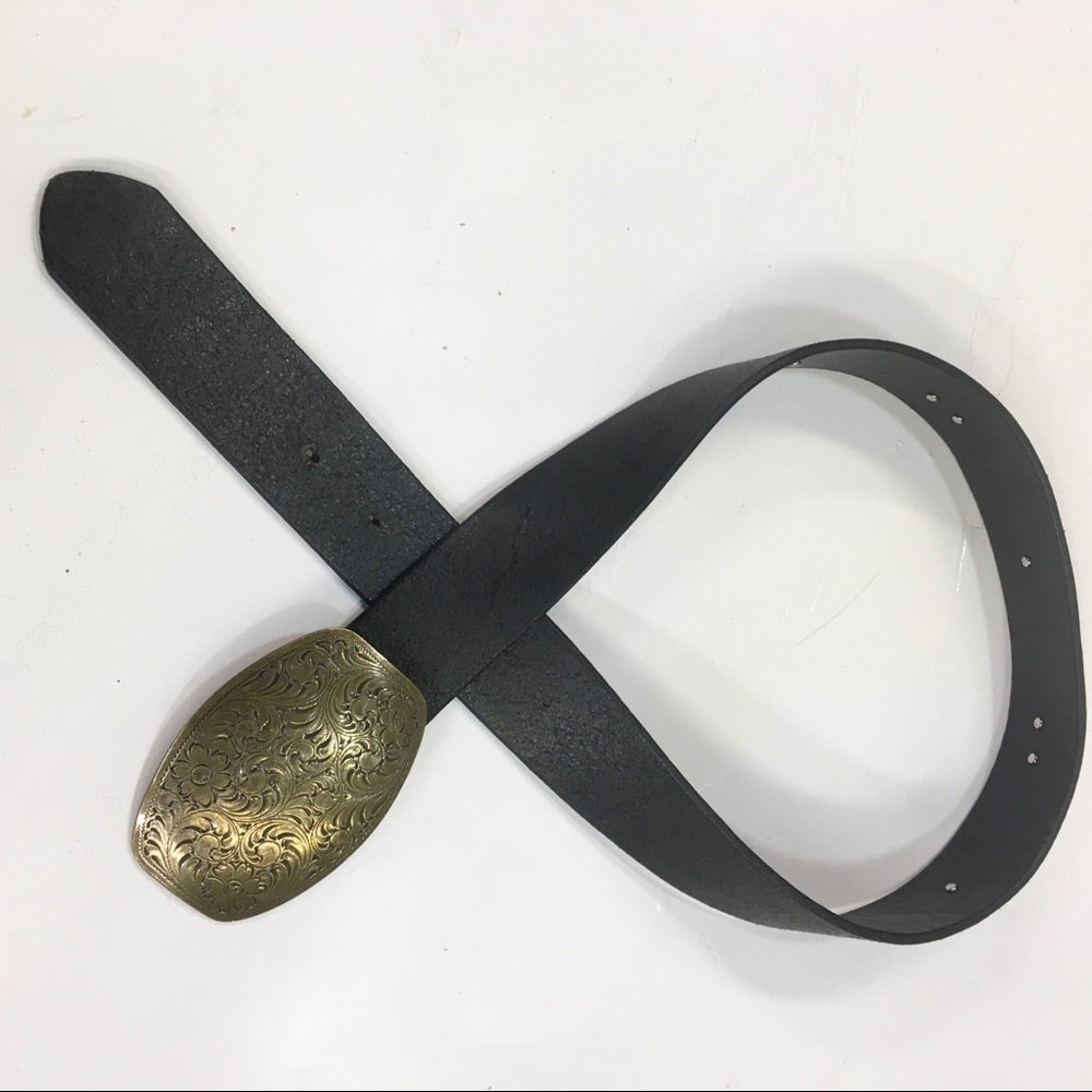 Vintage 1994 Leather Belt with Floral Brass Buckle